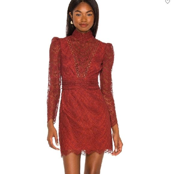 SAYLOR Red Long Sleeve Lace Celia Dress in Russet - Picture 1 of 8